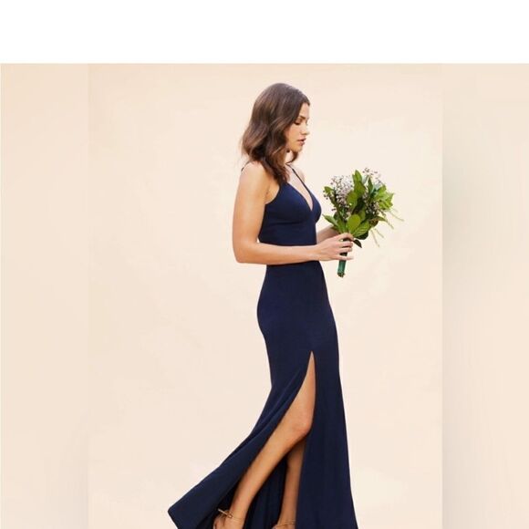 DRESS THE POPULATION Iris V-Neck Side Slit Gown size XL midnight blue - Picture 4 of 11